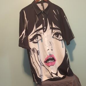 Graphic Black & White Pop-Art Button-Down Shirt with Pink Lips